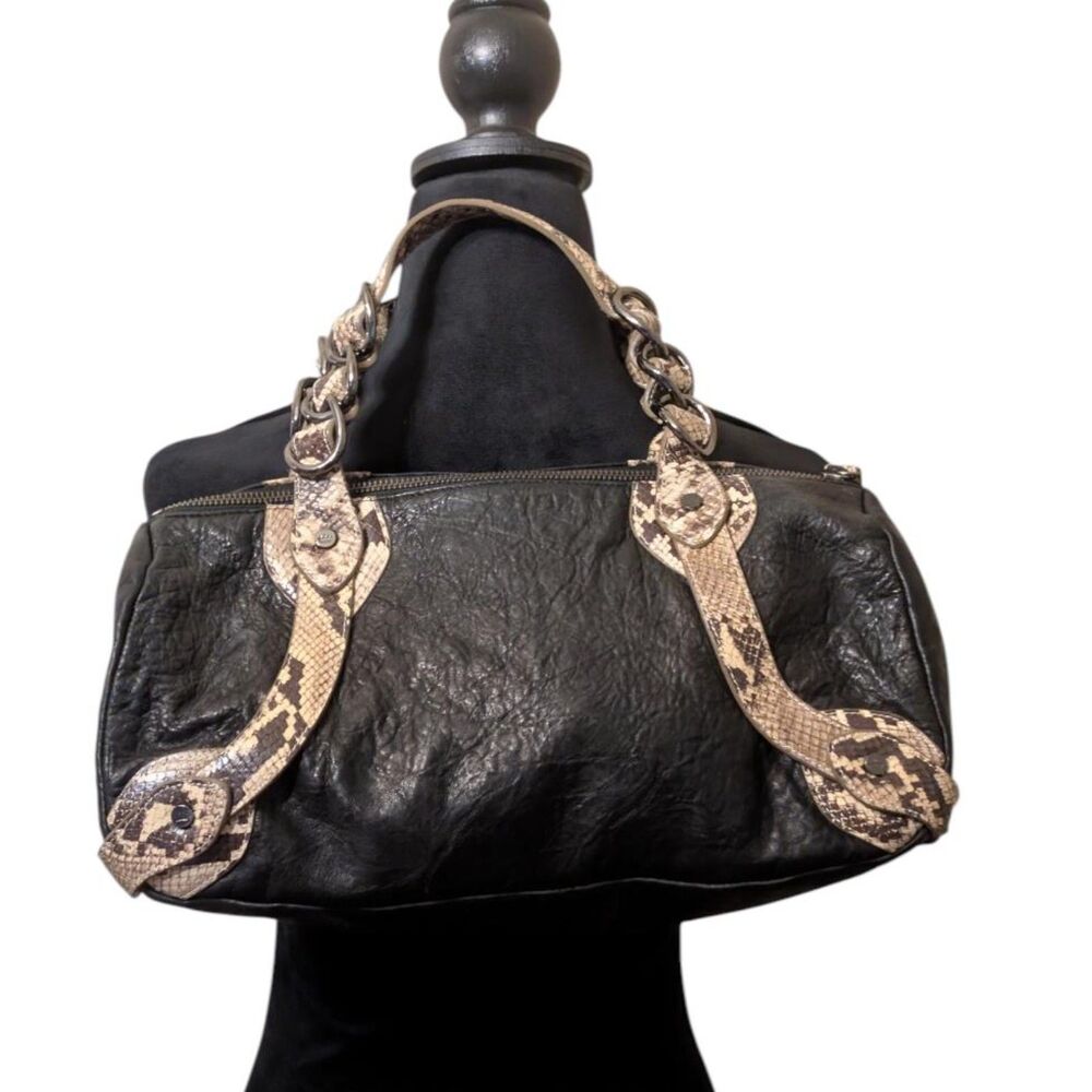 Elaine Turner Black Leather Python Embossed Satchel Shoulder Bag